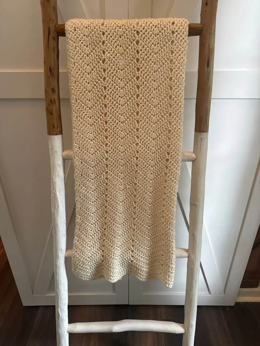 Vintage Handcrafted Crochet Throw Blanket Chevron 30 x 60 Heirloom butter yellow